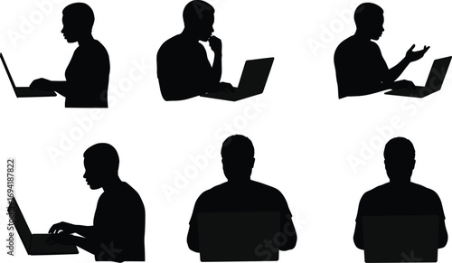 Man working on laptop, computer user silhouette, remote work concept, freelance online job, focused digital task, internet business symbol.