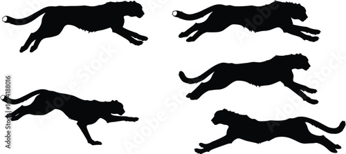 Running cheetah silhouette illustration, wild animal in motion, fast predator poses, jungle wildlife, perfect for design, logo, print, and decor.
