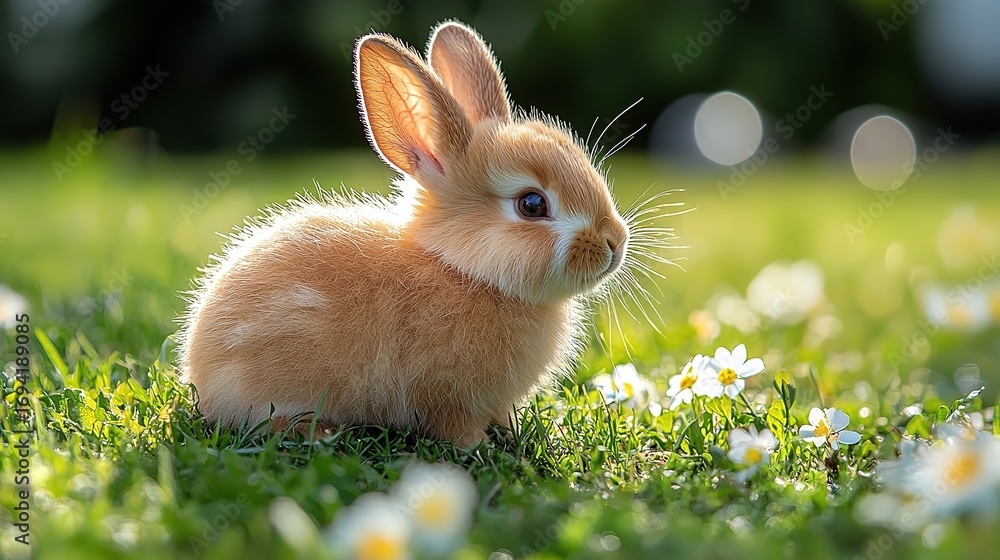 Fototapeta premium Cute Little Bunny Grass Water Flower Sunny Meadow Easter Celebration Adorable Animal Concept 