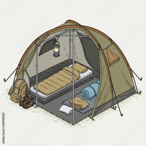 Camping Adventure Cozy Tent Interior Illustration with Bedding, Gear, and Lantern