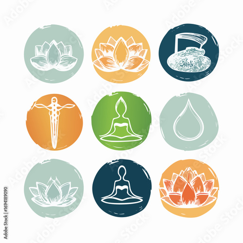 Artistic collection of spiritual symbols for yoga, meditation, and holistic well-being on textured circles