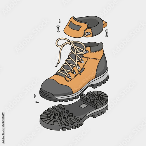 Technical vector illustration of a deconstructed hiking boot, showing the individual components like the sole, upper, and laces for assembly