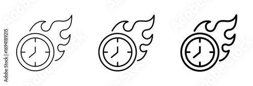 Burning clock icons set with flame outline design representing fast time, deadline, speed and urgency isolated on transparent background vector illustration