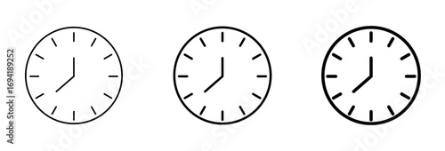 simple wall clock icons showing different times, minimal black outline round dials isolated on transparent background vector illustration