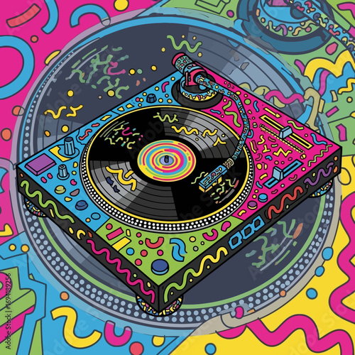 Psychedelic retro record player spinning vinyl, a funky DJ turntable with abstract patterns and bright neon colors