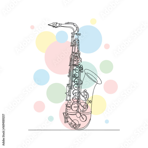 Creative illustration of a classical saxophone drawn in a continuous one-line art style, set against a backdrop of soft pastel colored circles