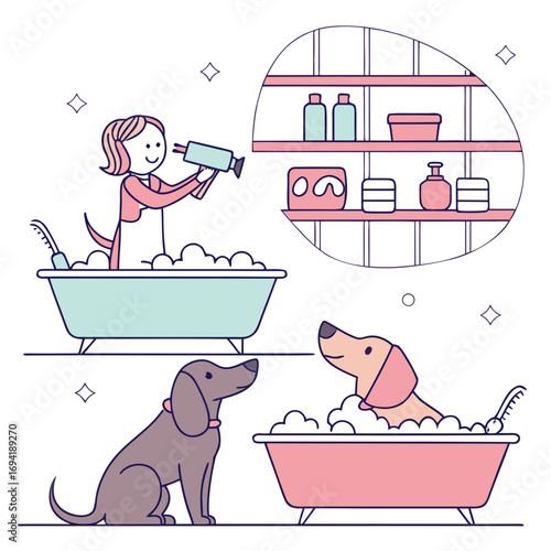 Vector art of dogs getting a bath in a grooming salon