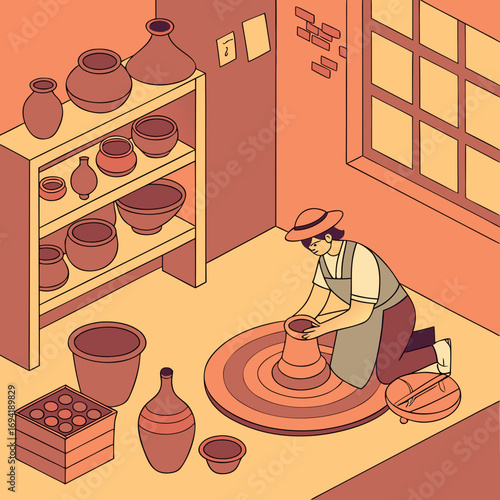 Vector art of potter making clay pot in workshop, vector art