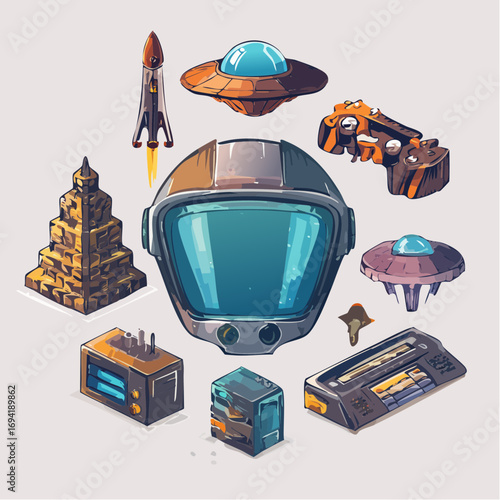 A vibrant collection of isolated science fiction elements, including a space helmet, rocket, UFOs, and retro-futuristic technology icons