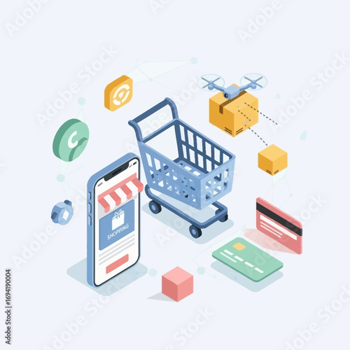 Isometric concept of modern e-commerce technology, showing mobile shopping, drone delivery, and secure digital payment