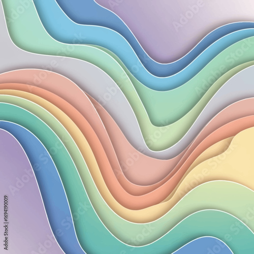 Soft pastel waves creating a serene abstract background with gentle flowing curves and layered paper-cut style textures, evoking a calm and harmonious design suitable for various creative projects