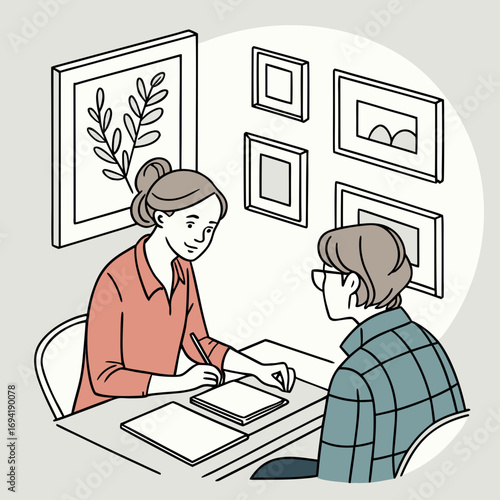 Vector art of woman interviewing a person in front of framed artwork on the wall