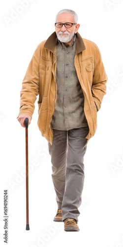 Front view of an elderly man walking with a cane outdoors