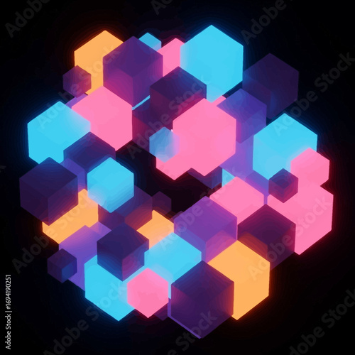 Glowing neon cubes in an abstract geometric arrangement, featuring vibrant pink, blue, and orange colors against a dark background, creating a modern digital art concept with dynamic visual appeal