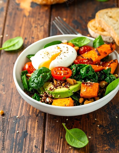 Colorful healthy bowl with roasted vegetables, egg, and greens