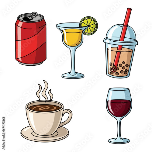 A colorful illustrated set of various popular beverages, including coffee, wine, soda, a cocktail, and bubble tea on an isolated background