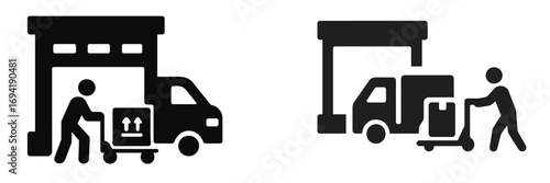 Icons illustrating loading and unloading activities at a warehouse with delivery trucks involved in logistics operations