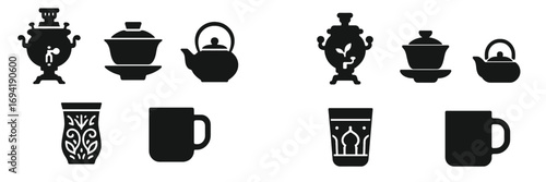 Variety of traditional tea and coffee vessels arranged in a creative pattern showcasing cultural diversity in beverage serving