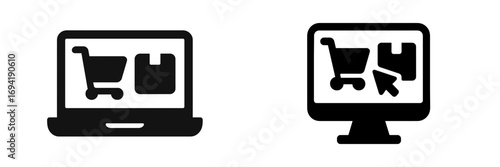 Shopping icons displayed on computer screens illustrating online retail concepts and e-commerce activities