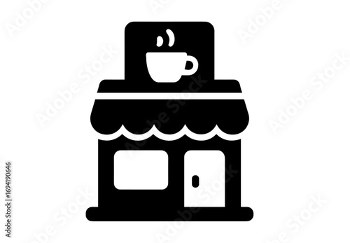 Coffee shop logo design featuring a steaming cup on the roof with a charming storefront