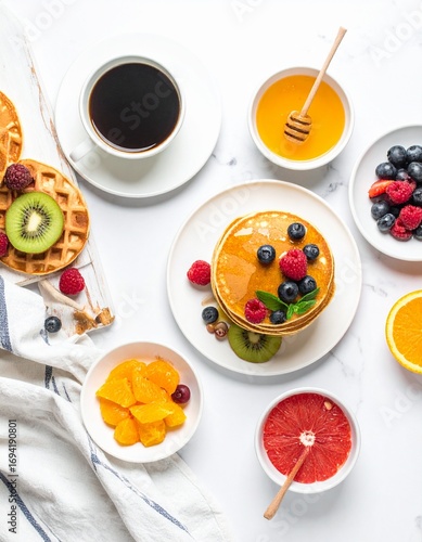 Wallpaper Mural Flat Lay of Breakfast Table with Pancakes, Coffee, Fruits, and Honey Drizzle in Minimal Style Torontodigital.ca