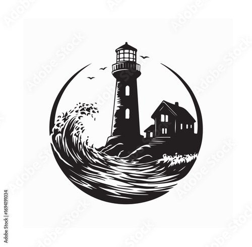 Majestic Lighthouse Guiding Through Stormy Ocean Waves image vector
