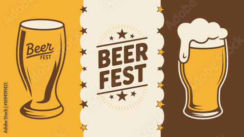 Illustration of beer fest with beer glasses and stars on yellow and brown background colors design