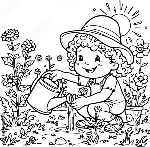 Sunlit Care: A Joyful Child Tending Blossoms in a Garden of Growth, Harmony, and Nature’s Gentle Embrace