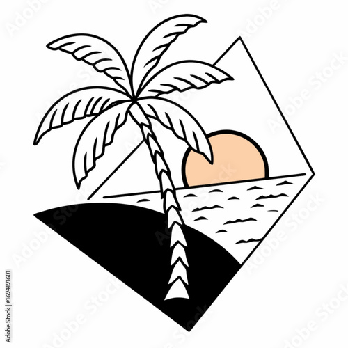 Minimilist palm tree sunset scene with ocean waves and a black land area inside a diamond shaped border art design vector