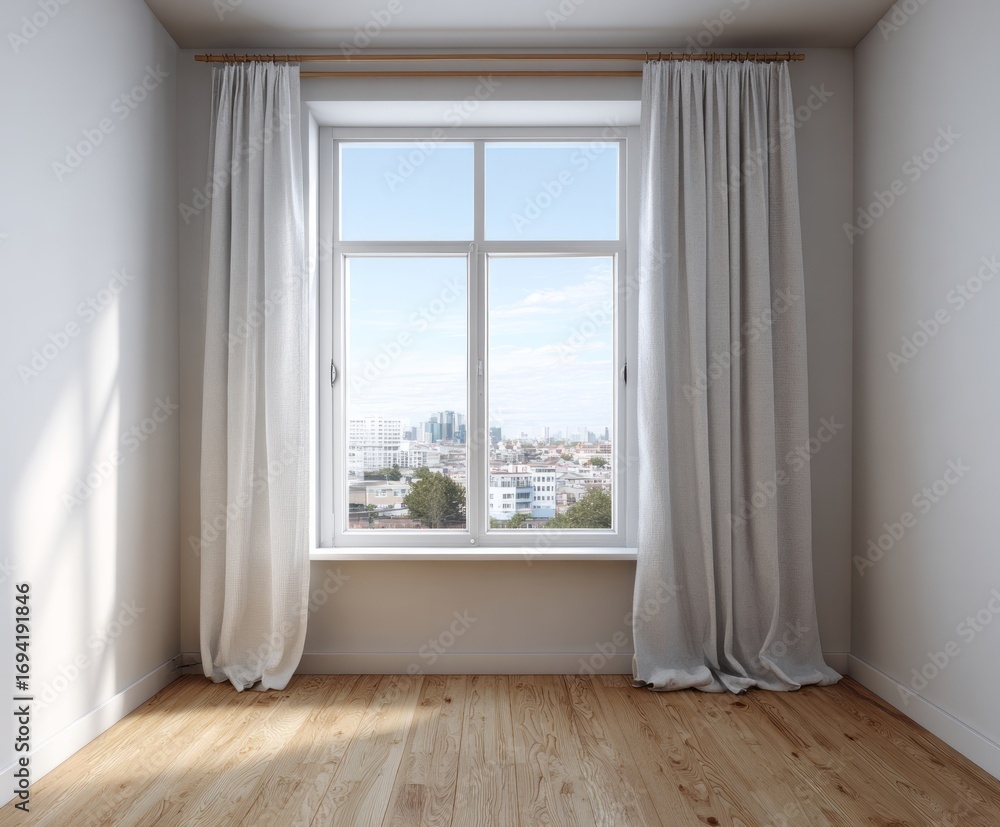 Fototapeta premium A bright, minimalist room with large window, showcasing a cityscape view and light-toned decor.