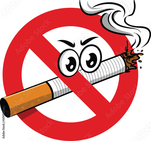 Cartoon cigarette with angry eyes in red no smoking sign, anti-smoking concept for health warning, tobacco ban, and nicotine awareness