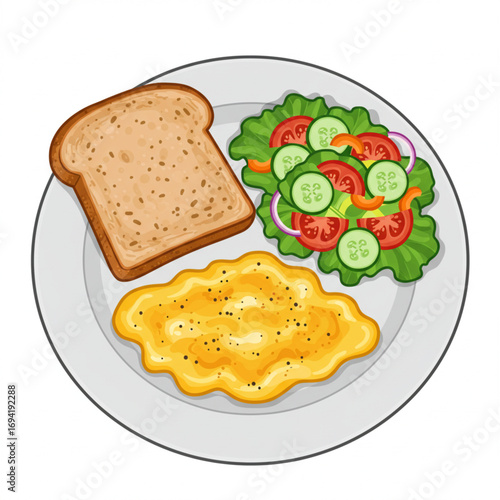 Healthy Breakfast Plate with Scrambled Eggs, Salad and Toast on White Plate