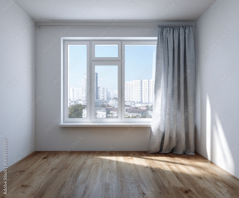 Fototapeta premium A spacious, light-filled room with a city view, showcasing a modern window and light gray curtains.