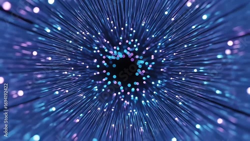 Abstract futuristic background of a digital light tunnel with glowing particles moving at high speed towards a central point