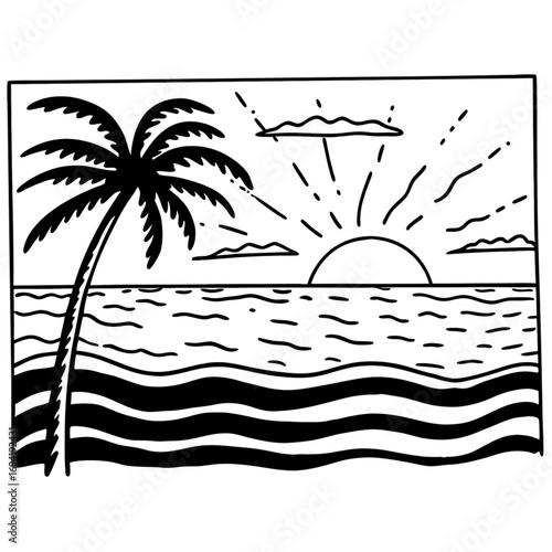 Minimilist black and white line drawing of a tropical beach scene with a palm tree and a setting sun over the ocean vector