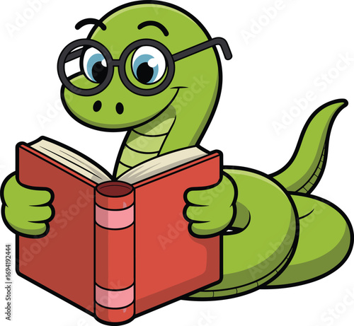 Cartoon green snake reading book with glasses, cute bookworm character for kids education, learning, school, study, library mascot illustration
