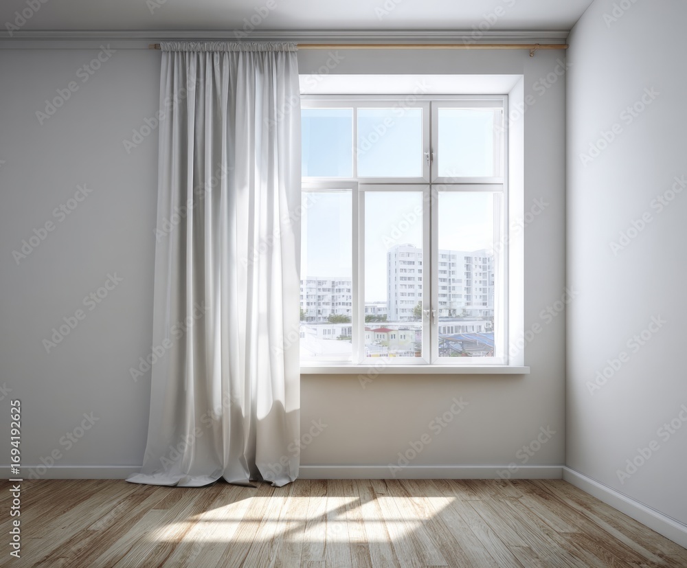 Fototapeta premium A bright, empty room with a large window, white curtains, and city views.