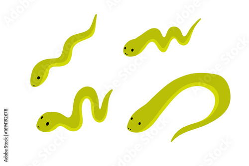 Simple green yellow snake set. Doodle snake crawling silhouette. Happy funny comic cobra, python. Kids childish flat cartoon vector illustration isolated on white background