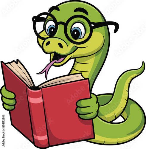 Cute cartoon green snake reading a red book with glasses, educational animal character for kids learning, school, classroom, and library use
