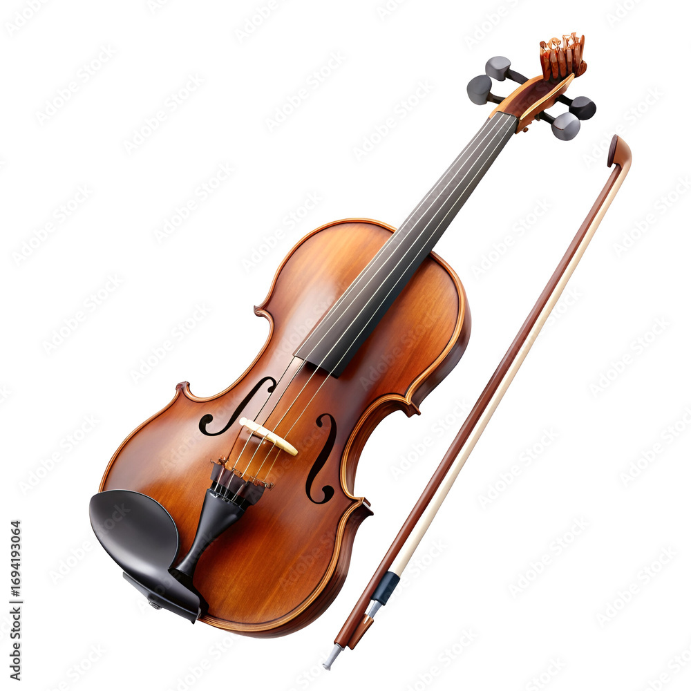 Fototapeta premium Acoustic violin and bow isolated on transparent background, a classic string instrument for music and performance