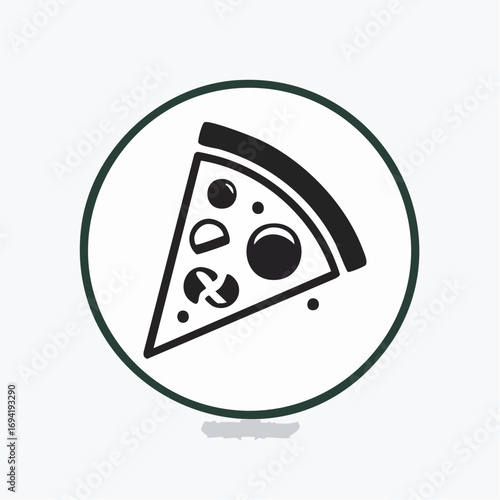 Minimalist black and white vector icon of a single pizza slice with assorted toppings, enclosed in a circle. A simple graphic symbol for a pizzeria, menu, or fast food concept
