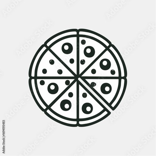 Simple black line art icon of a whole pizza with one slice being taken away. Minimalist graphic design for pizzeria or food menu