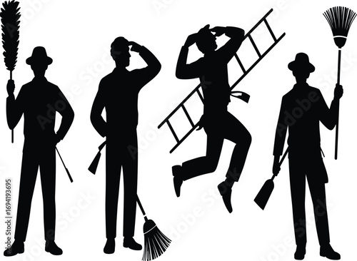 Silhouette vector of cleaning staff in uniform with tools, broom, dustpan, ladder, feather duster in dynamic and professional poses