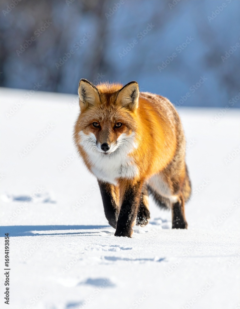 Obraz premium Red Fox Prowls Snowy Terrain, Captivating Winter Scene with Animal's Warm Fur