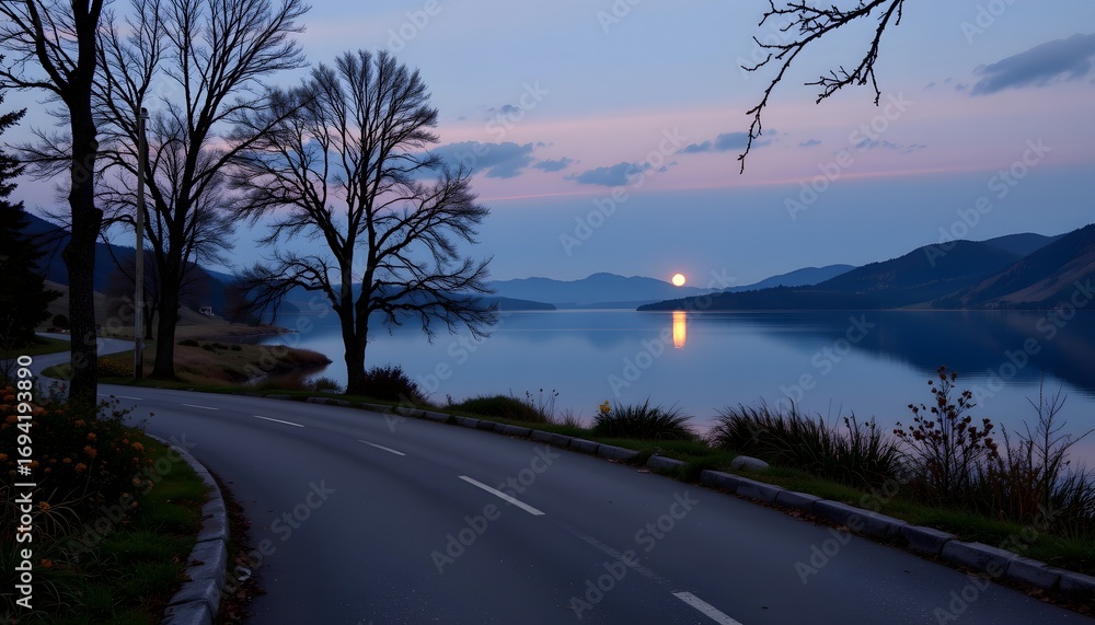 Fototapeta premium romantic lakeside road with reflections of moon and stars.
