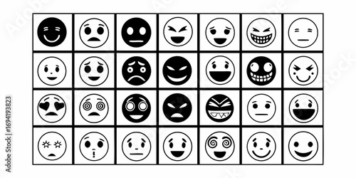 Collection of thirty different black and white emoji faces arranged in a rectangular grid pattern format