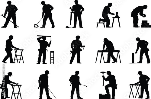 Silhouettes of Construction Workers Using Tools in Various Poses for Manual Labor, Safety Training, Industrial Work, and Vector Design