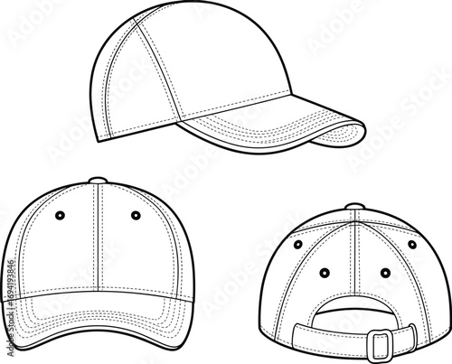 Baseball cap vector template, front back side view, fashion accessory, hat design outline, adjustable strap, headwear illustration, isolated graphic