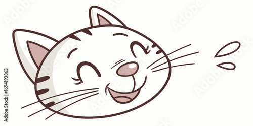 Cartoon drawing of a happy cat face with closed eyes whiskers and water droplets near the face design