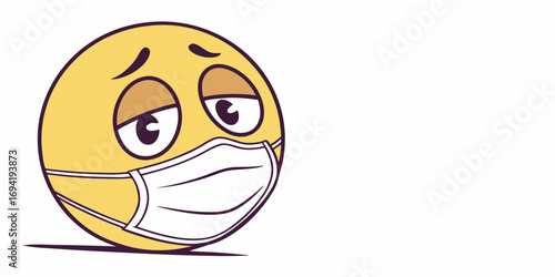 Sad emoji wearing a white surgical mask with drooping eyes and a furrowed brow on a white background
